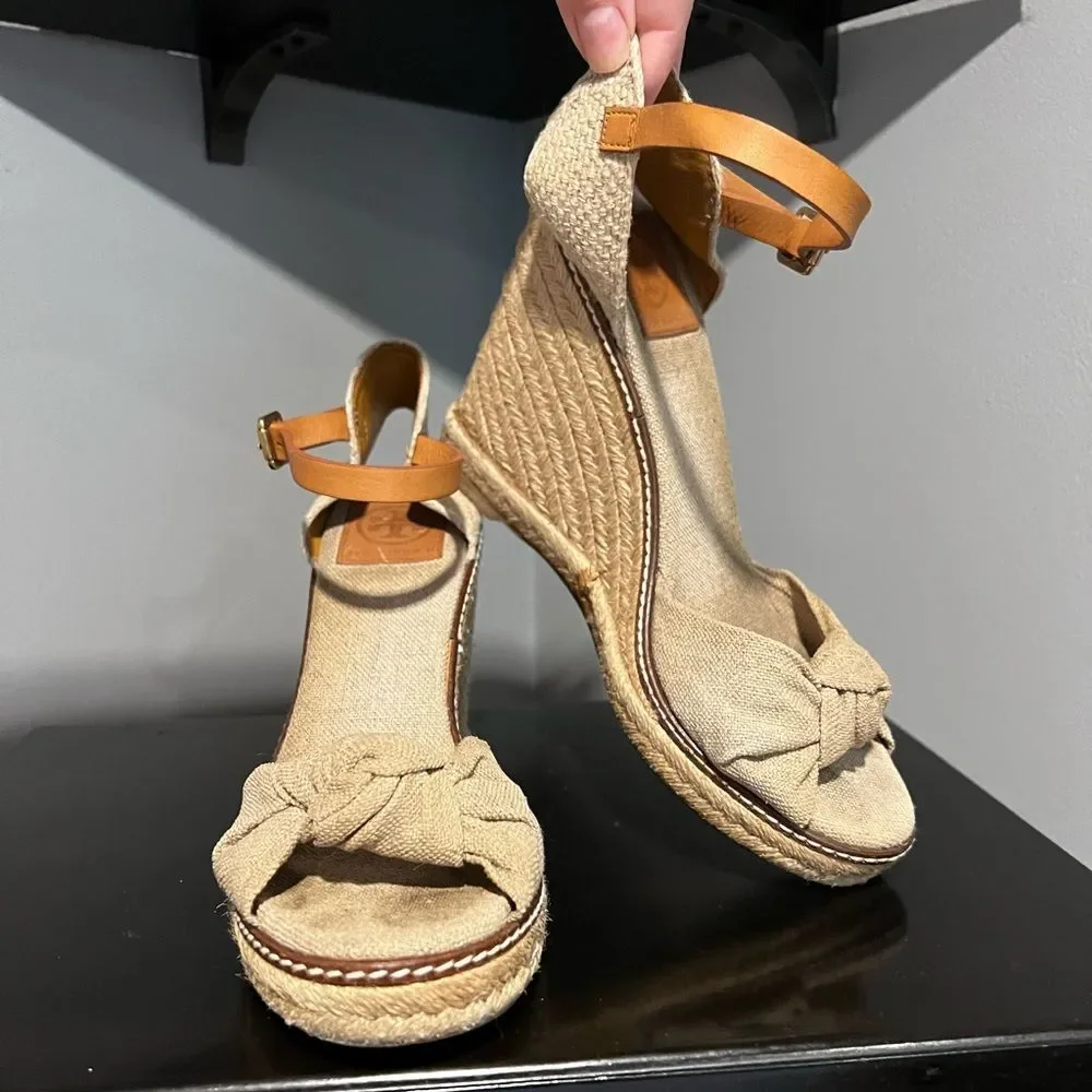 Tory Burch Macy Natural Linen with Metallic Flecks Espadrille Wedges